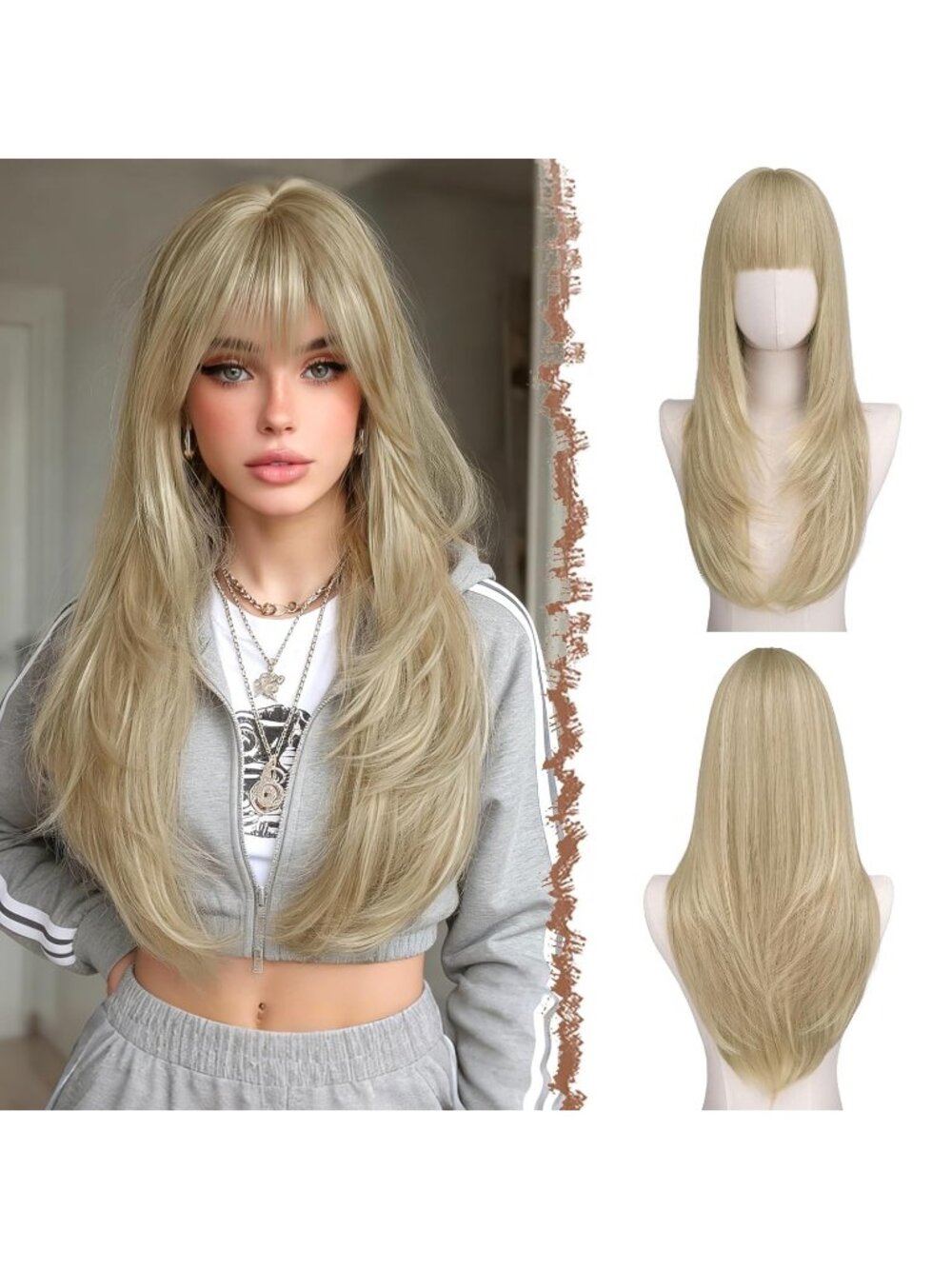 24 Inch Women's Dirty Blonde Synthetic Long Straight Sleek Layered Wig with Bang